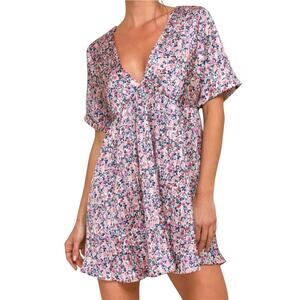 Lulus Express Yourself Blush Pink Floral Print Satin Babydoll Dress Size Large L